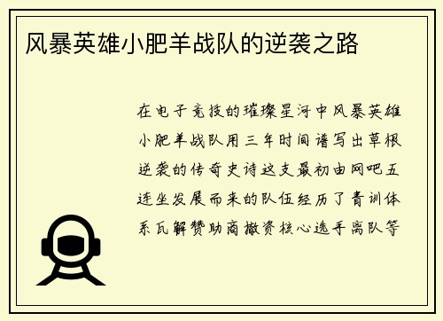 风暴英雄小肥羊战队的逆袭之路