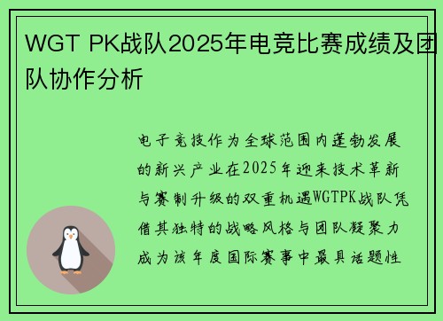 WGT PK战队2025年电竞比赛成绩及团队协作分析